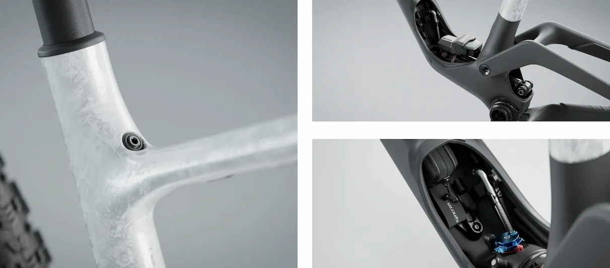 Detail karbonového profilu Spark RC — sedlové trubky, tlumič a koleno